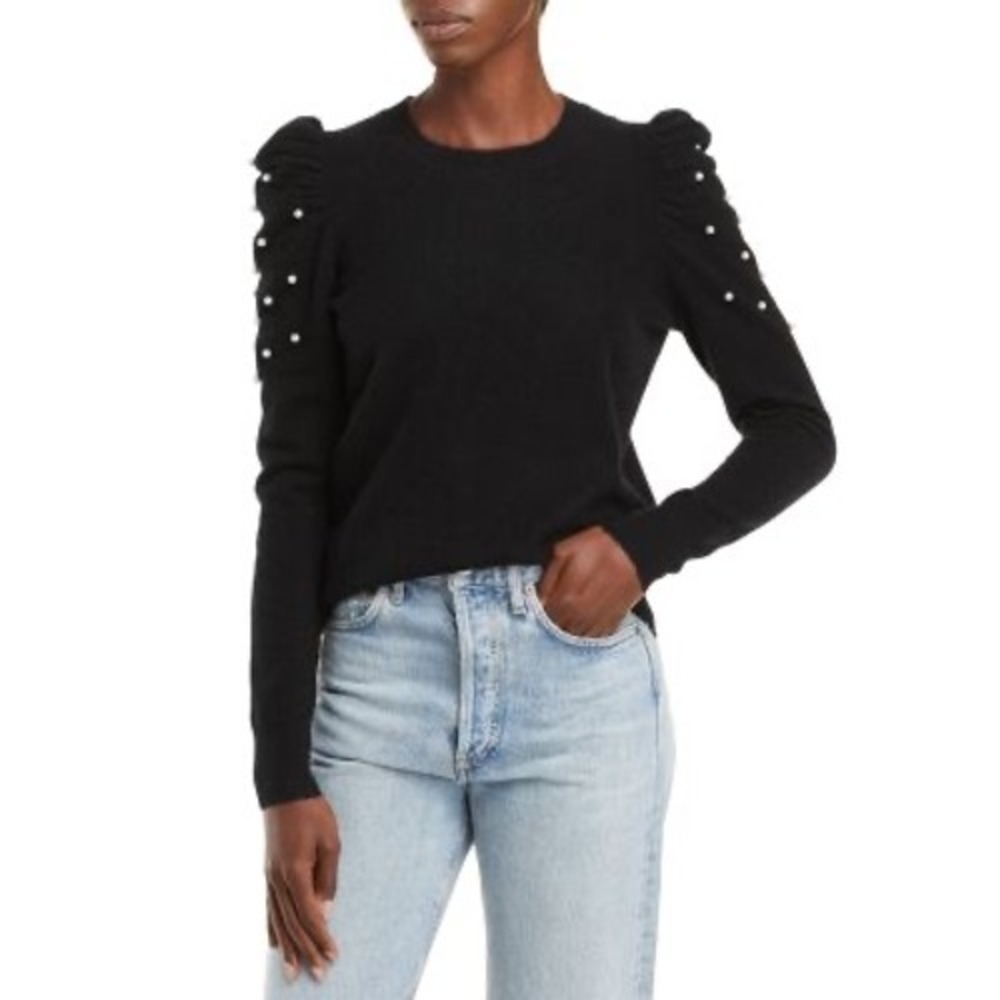 AQUA Black 100% Cashmere Sweater Pearl Embellished Puff Sleeve Crewneck Size S